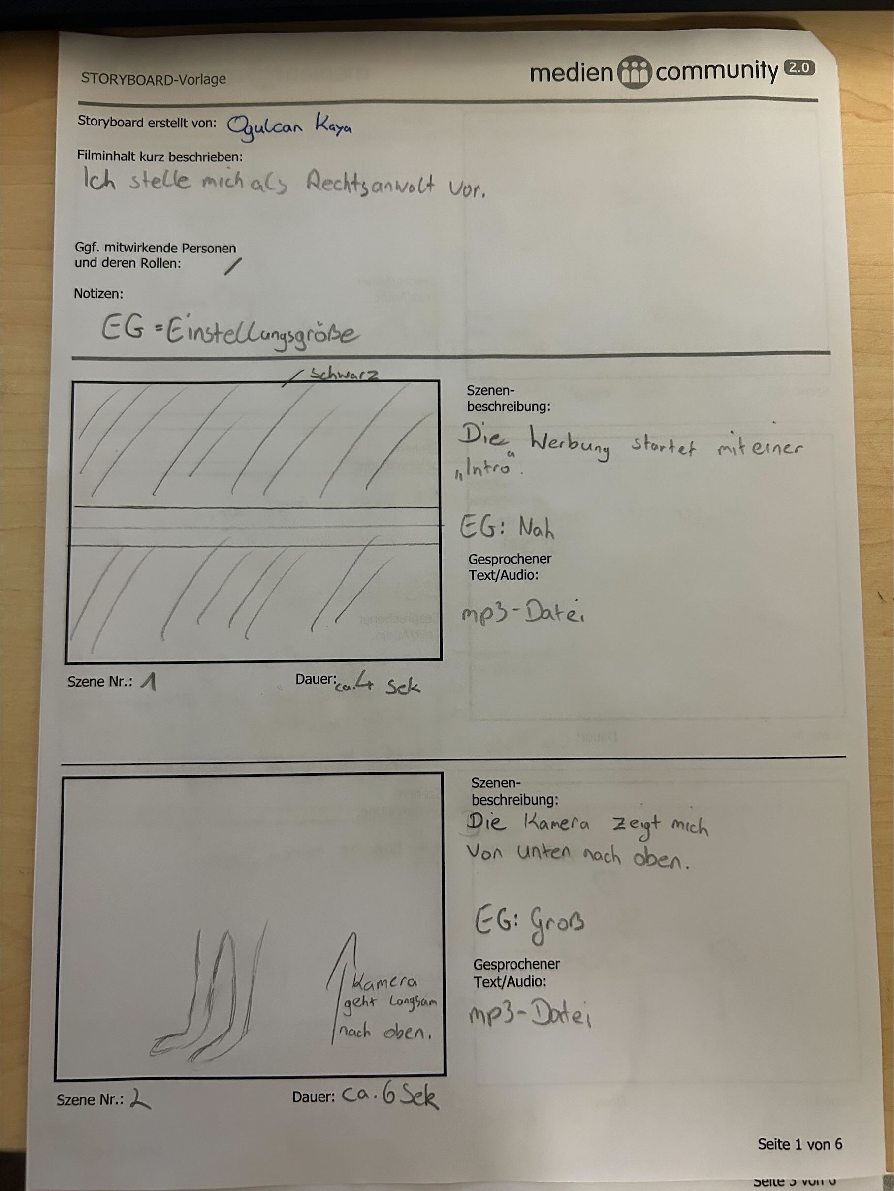 Storyboard Seite 1 – Szenen 1 und 2