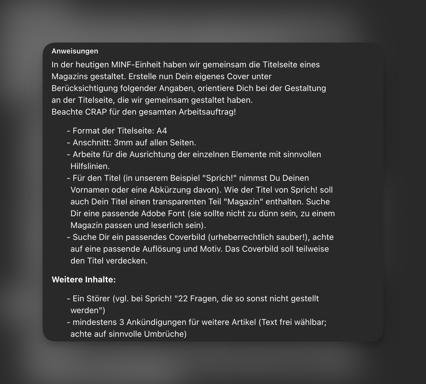 Aufgabenstellung – Magazin-Cover MINF 3. Klasse