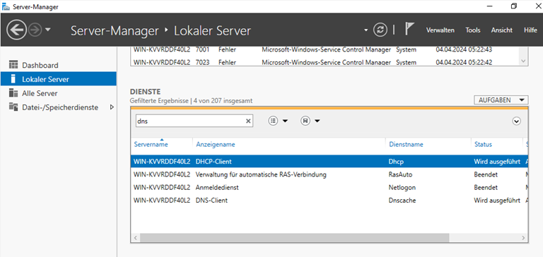 Server-Manager Lokaler Server – DNS-Dienste